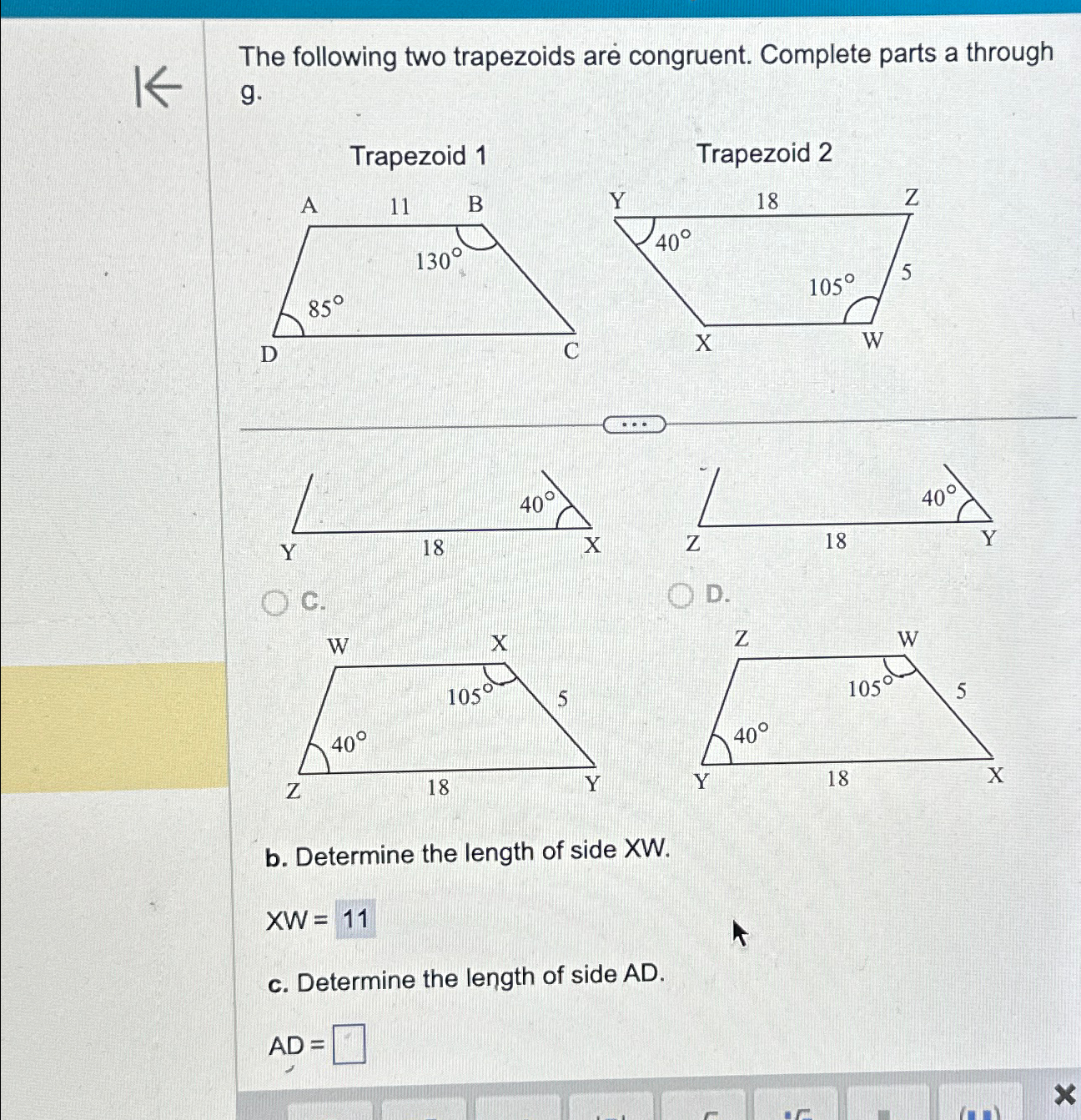 Solved The following two trapezoids are congruent. Complete | Chegg.com