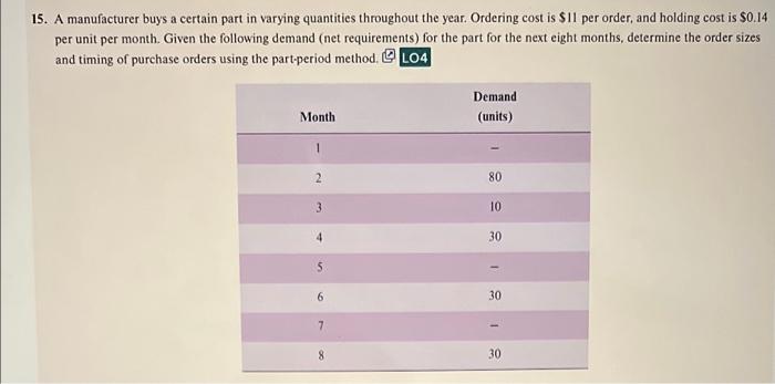 Solved 15. A manufacturer buys a certain part in varying | Chegg.com