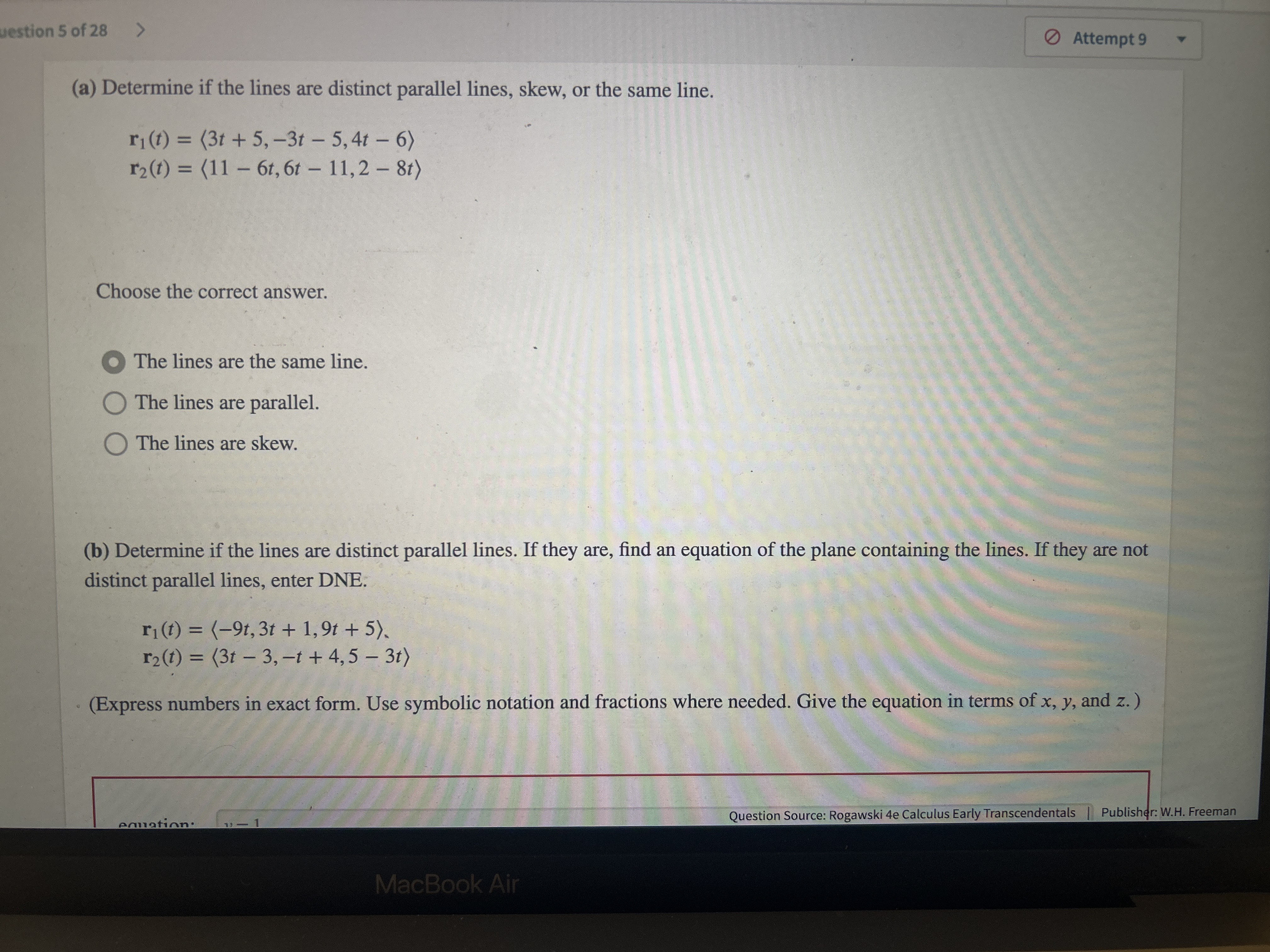 Solved (a) ﻿Determine if the lines are distinct parallel | Chegg.com