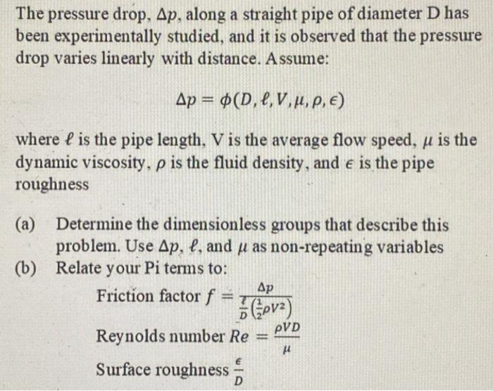 Solved The pressure drop, Δp, along a straight pipe of | Chegg.com