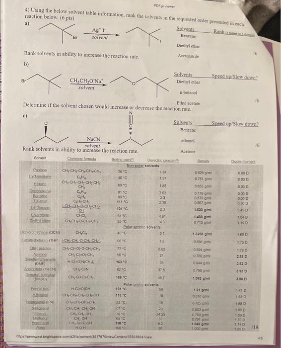 Solved 4) Using the below solvent table information, rank | Chegg.com