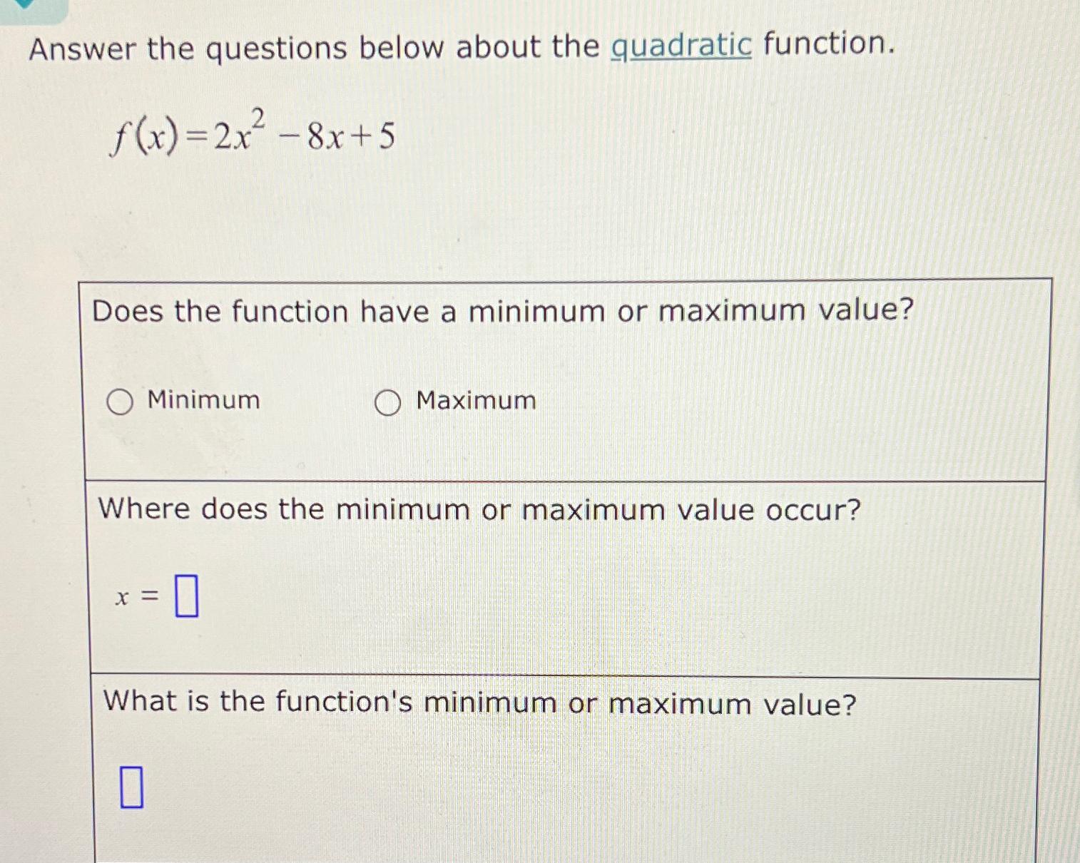 Solved Answer the questions below about the quadratic | Chegg.com