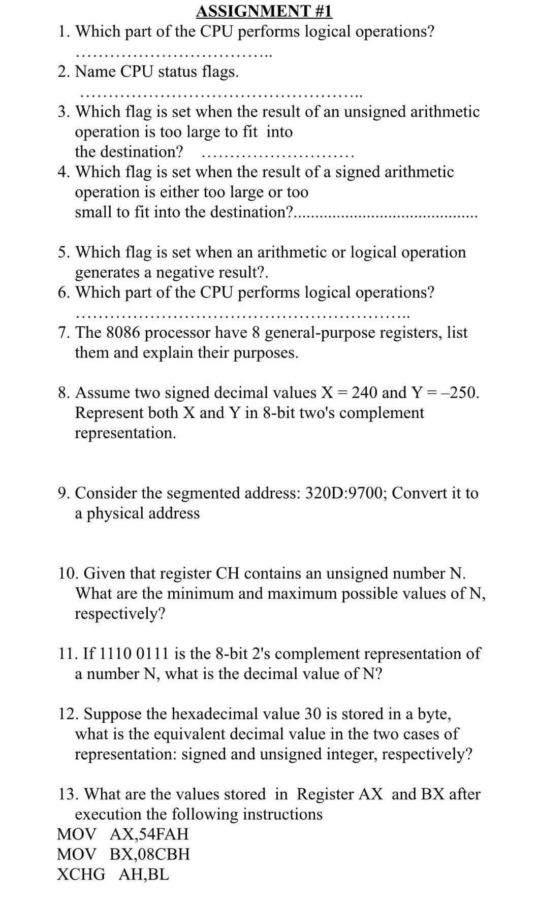 Solved ASSIGNMENT #1 1. Which part of the CPU performs | Chegg.com