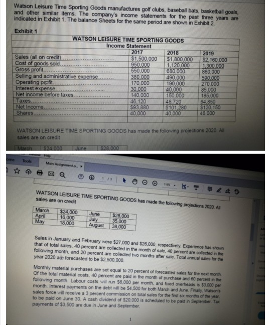 Solved Watson Leisure Time Sporting Goods manufactures golf