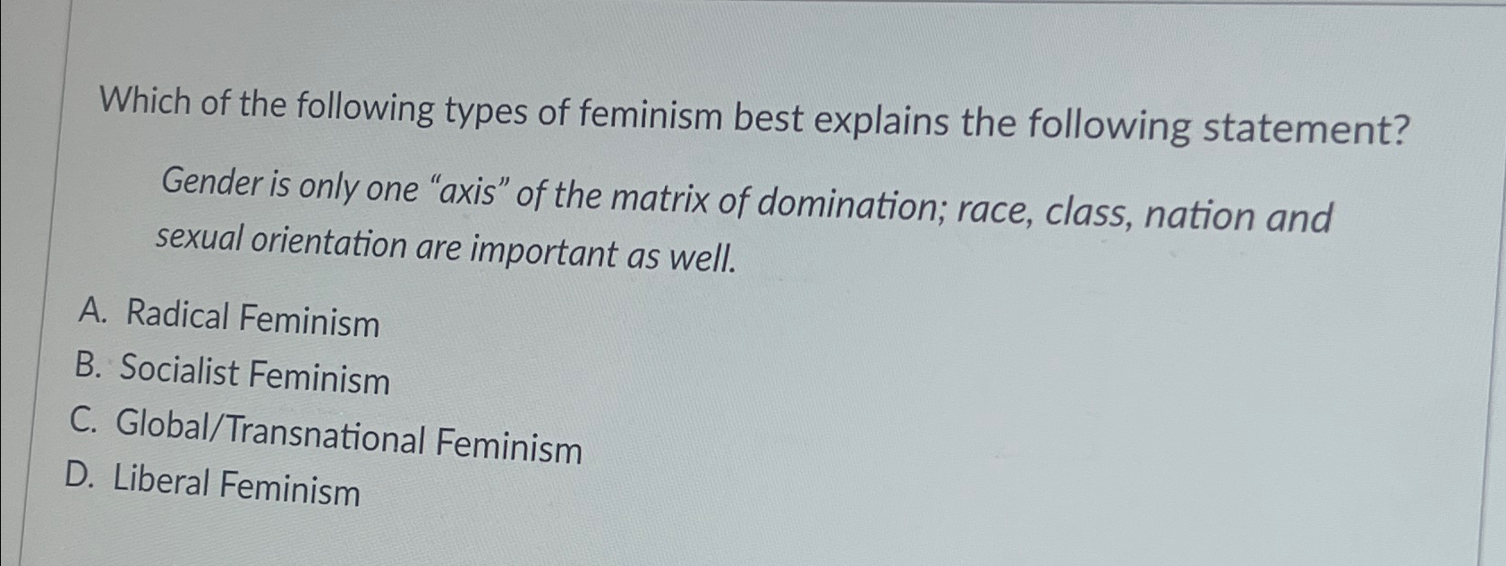 Solved Which Of The Following Types Of Feminism Best | Chegg.com