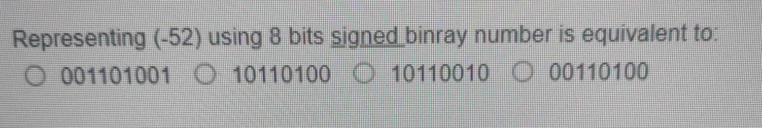 Solved Representing (-52) using 8 bits signed binray number | Chegg.com