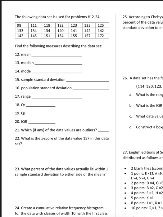 Solved The following data set is used for problems #12-24: | Chegg.com