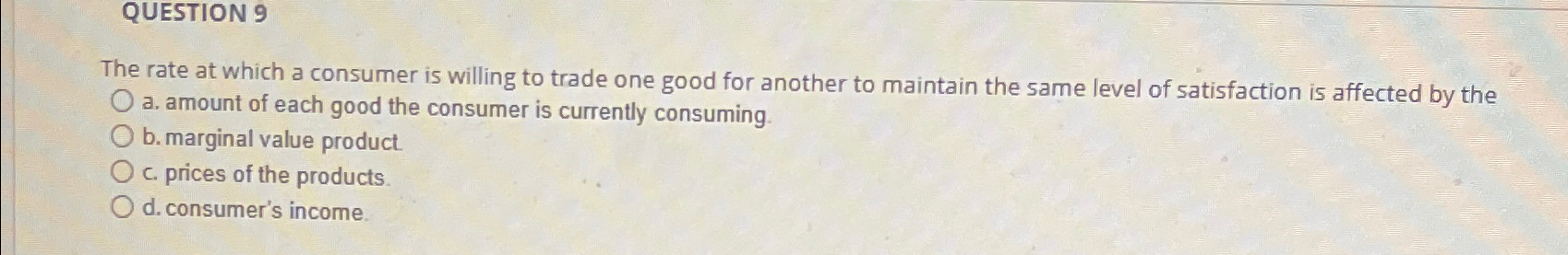 Solved QUESTION 9The rate at which a consumer is willing to | Chegg.com