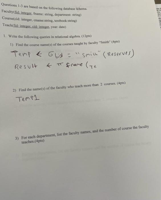 Solved Questions 1-3 are based on the following database | Chegg.com