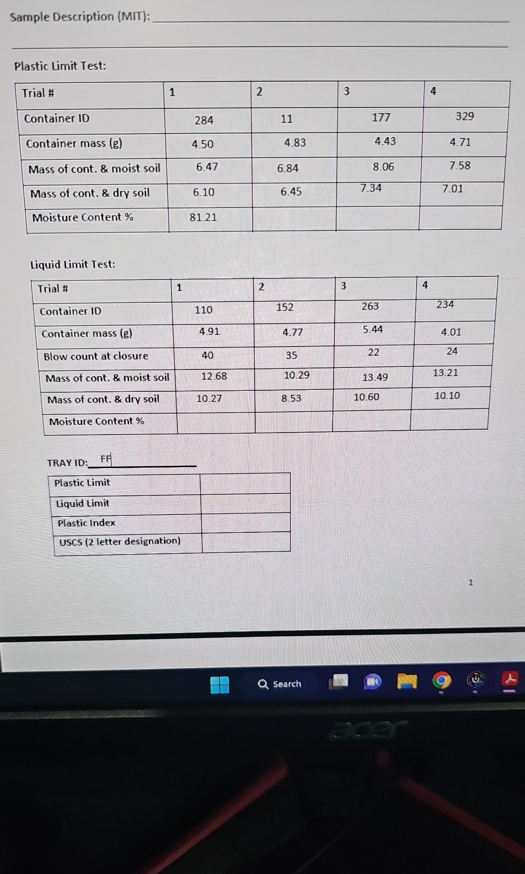 Solved Sample Description (MIT): Plastic Limit Test: Liquid | Chegg.com