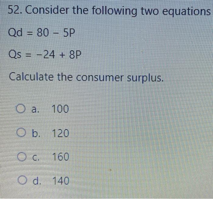Solved 52. Consider the following two equations Qd = 80 - SP | Chegg.com