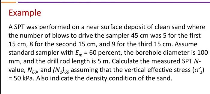 Solved Example A SPT was performed on a near surface deposit | Chegg.com