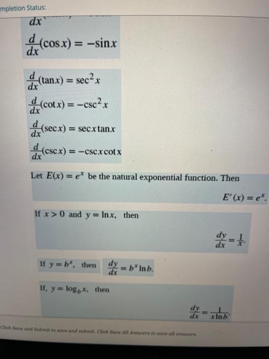 Solved impletion Status: dx d.cosx) = sinx d, -tanx) = sec? | Chegg.com