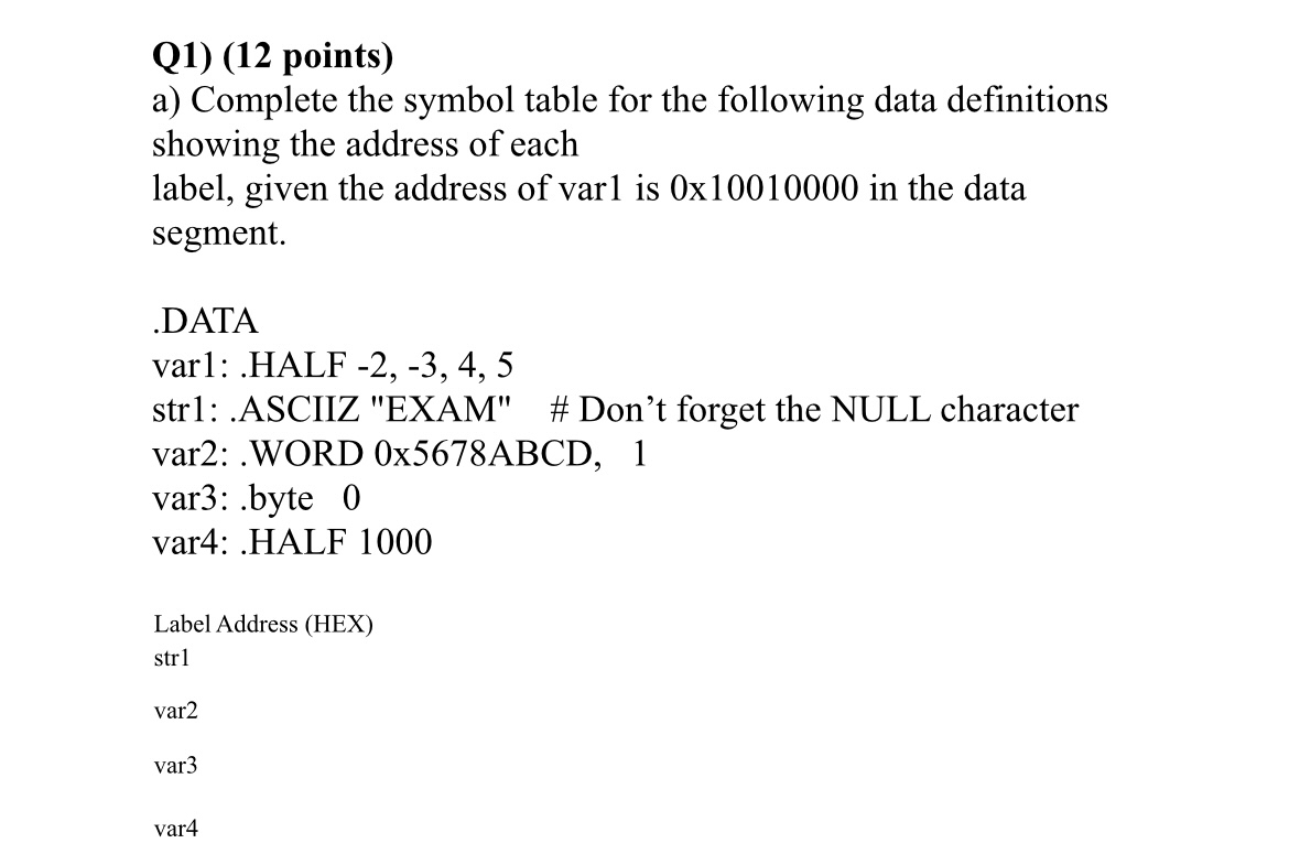 Solved Q1) (12 ﻿points)a) ﻿Complete the symbol table for the | Chegg.com