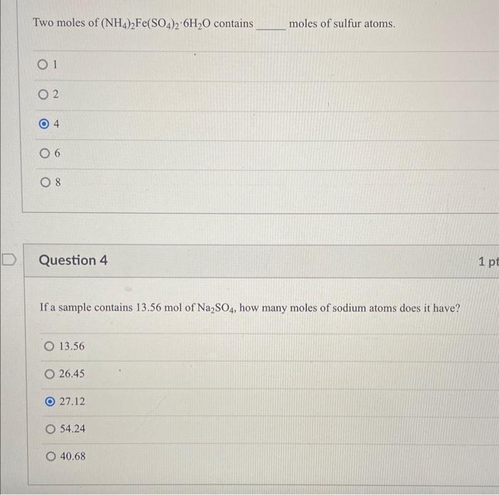 Solved Two moles of (NH4)2Fe(SO4)2⋅6H2O contains moles of | Chegg.com