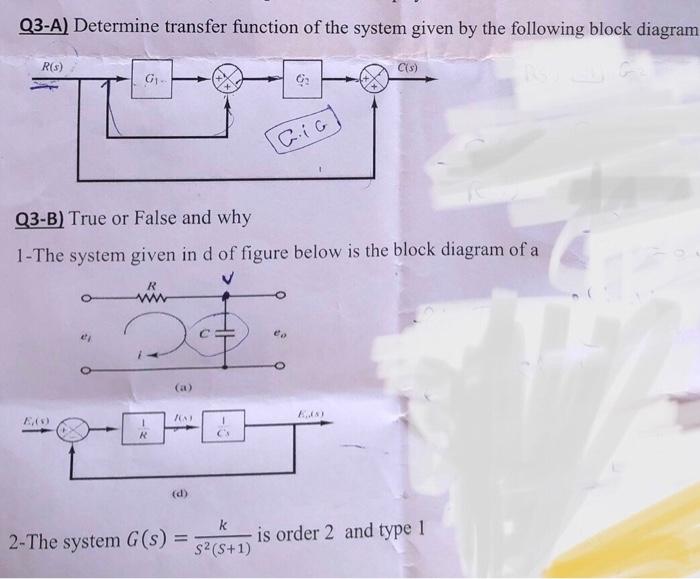 Solved Q3-A) Determine transfer function of the system given | Chegg.com
