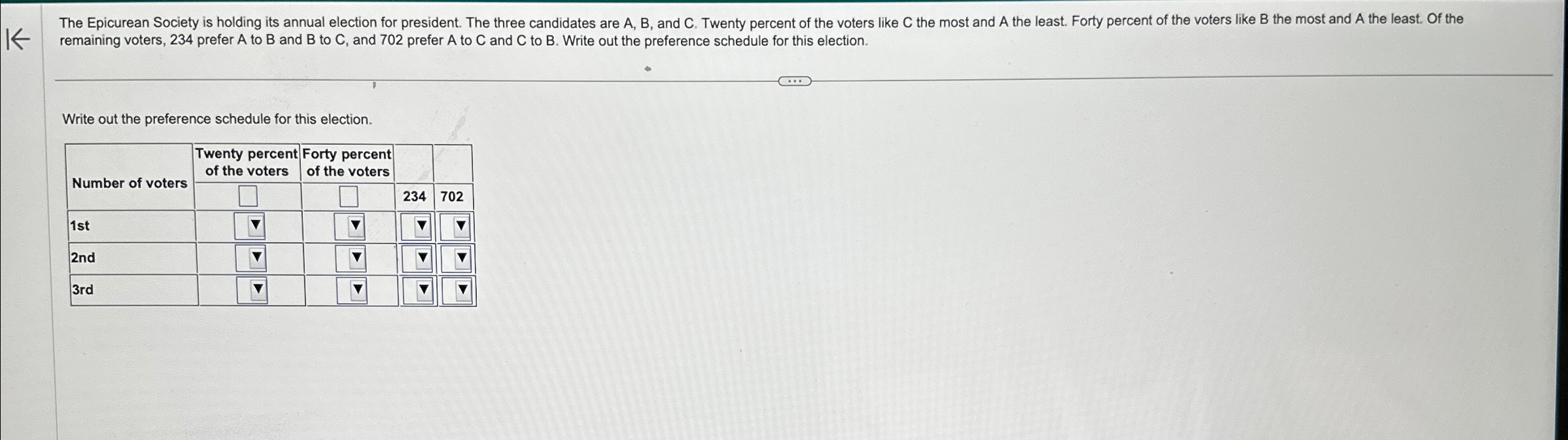 Solved remaining voters, 234 ﻿prefer A ﻿to B ﻿and B ﻿to C, | Chegg.com