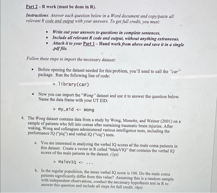 Solved Part 2 - R work (must be done in R). Instructions: | Chegg.com