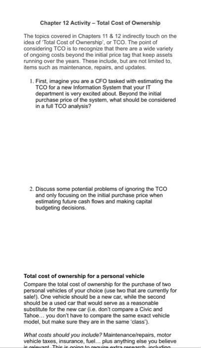 Solved Chapter 12 Activity - Total Cost Of Ownership The | Chegg.com