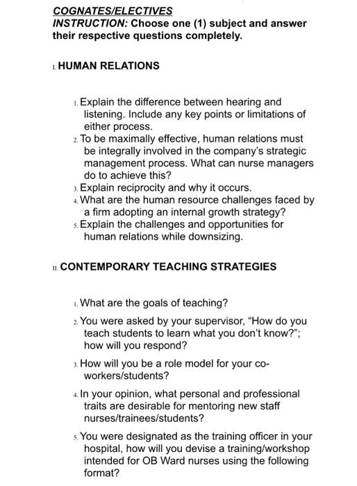 Solved COGNATES/ELECTIVES INSTRUCTION Choose one (1)