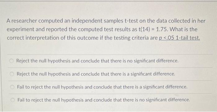 Solved A Researcher Computed An Independent Samples T-test | Chegg.com