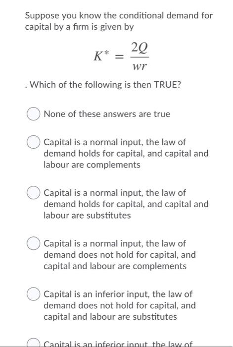 Solved Suppose you know the conditional demand for capital | Chegg.com