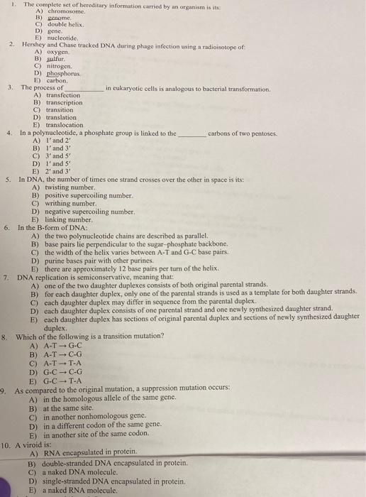 Solved 1. The complete set of hereditary information carried