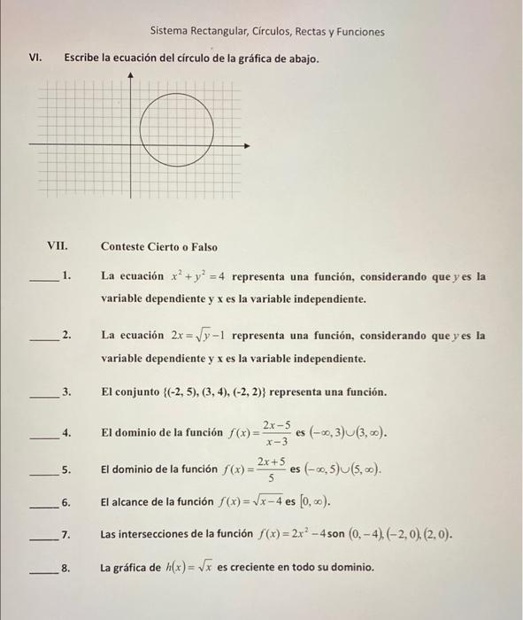 Sistema Rectangular, Círculos, Rectas y Funciones VI. Escribe la ecuación del circulo de la gráfica de abajo. VII. Conteste C