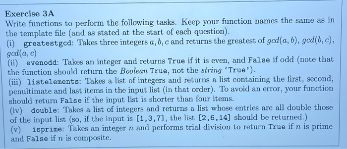 Solved Exercise 3A Write functions to perform the following | Chegg.com