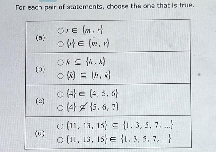 Solved For each pair of statements, choose the one that is | Chegg.com