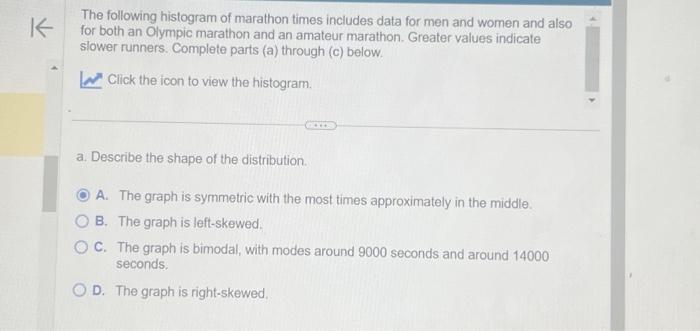 K The following histogram of marathon times includes | Chegg.com