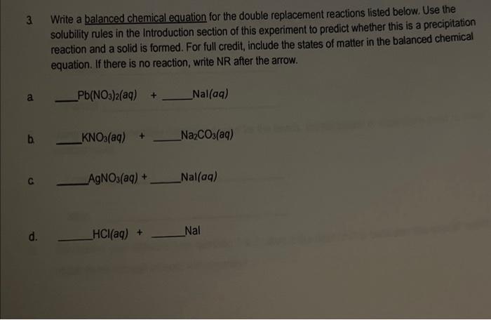 Solved 3. Write a balanced chemical equation for the double | Chegg.com