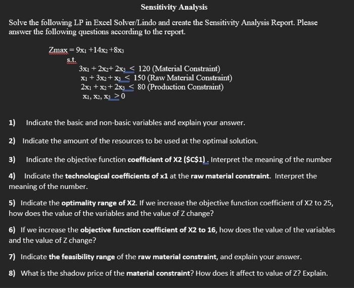 Solved Sensitivity Analysis Solve The Following LP In Excel | Chegg.com