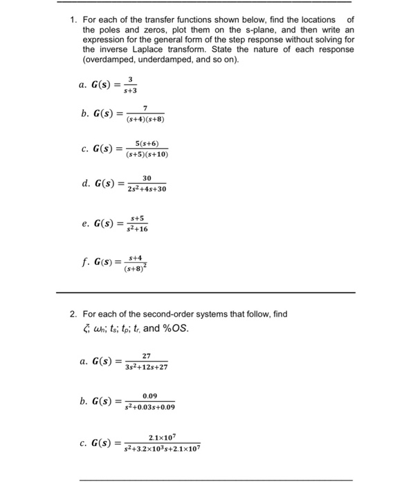 Solved 1. For each of the transfer functions shown below, | Chegg.com