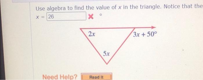 Solved Use algebra to find the value of x in the triangle. | Chegg.com