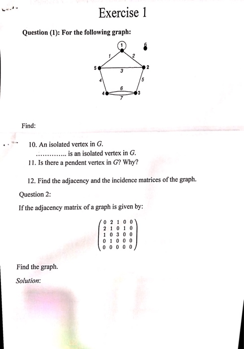 Solved Exercise 1 Question (1): For the following graph: | Chegg.com