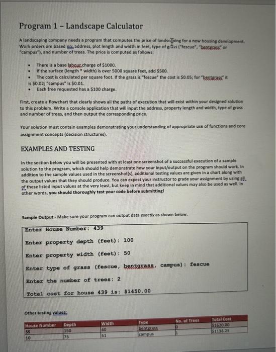 Solved Program 1 - Landscape Calculator A landicaping | Chegg.com