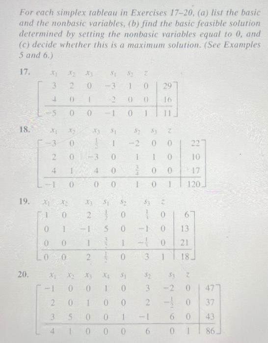 Solved For each simplex tableau in Exercises 17-20, (a) list | Chegg.com