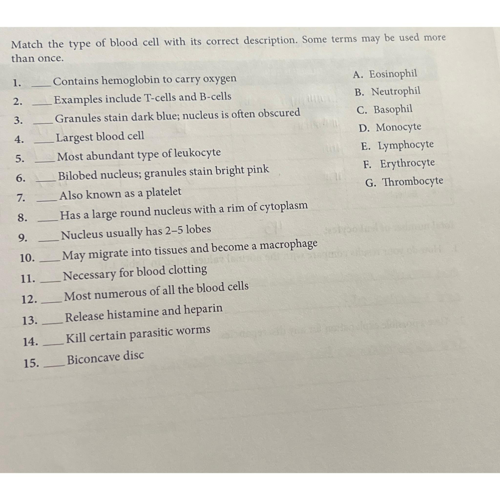 Solved Match the type of blood cell with its correct | Chegg.com