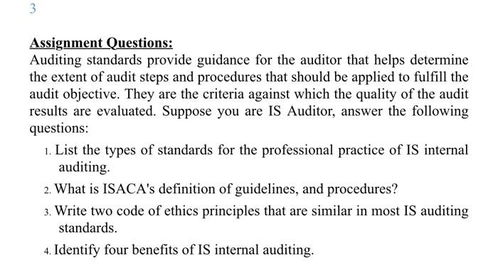 Solved 3 Assignment Questions: Auditing standards provide | Chegg.com