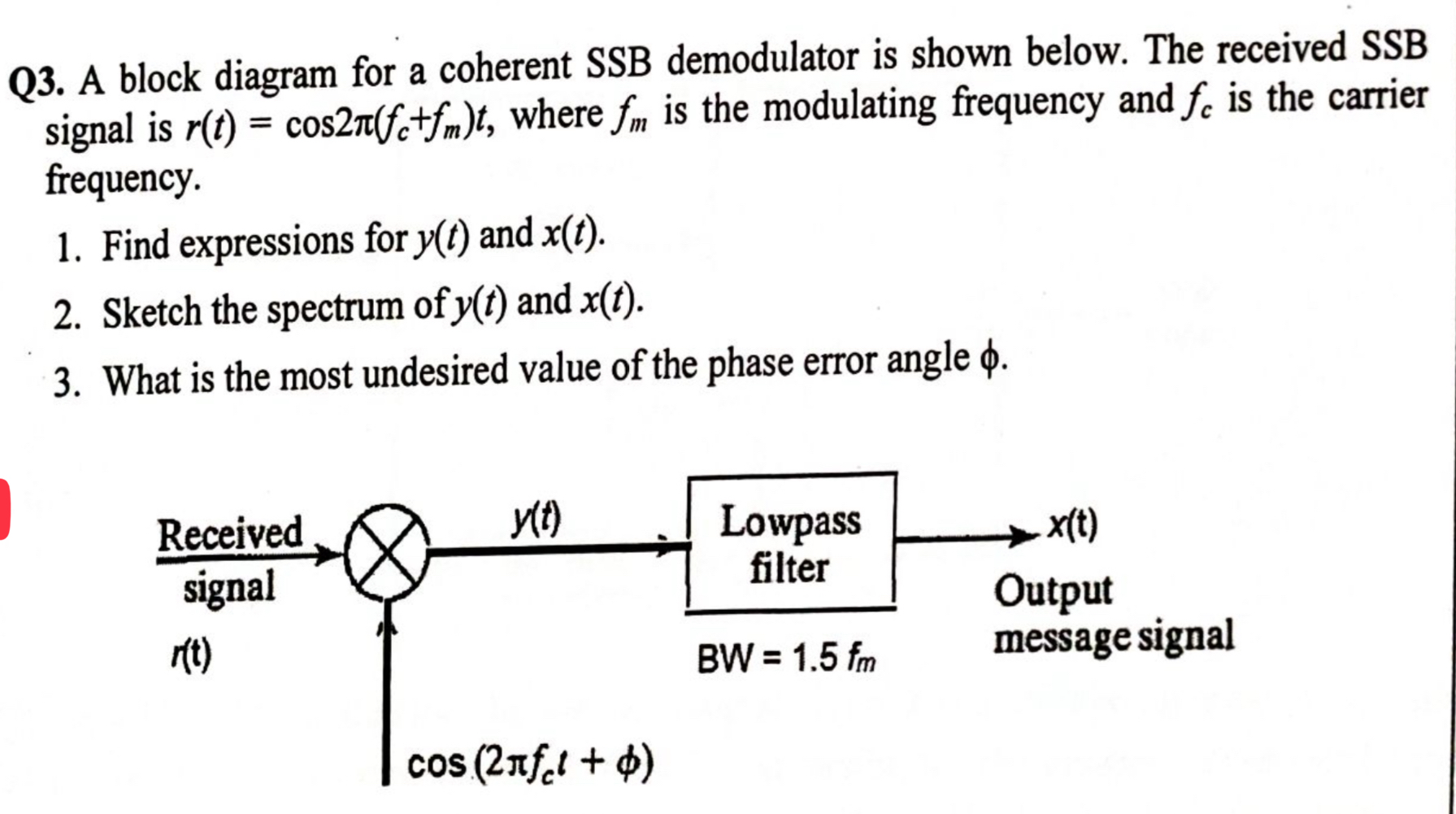 Q3. ﻿A block diagram for a coherent SSB demodulator | Chegg.com