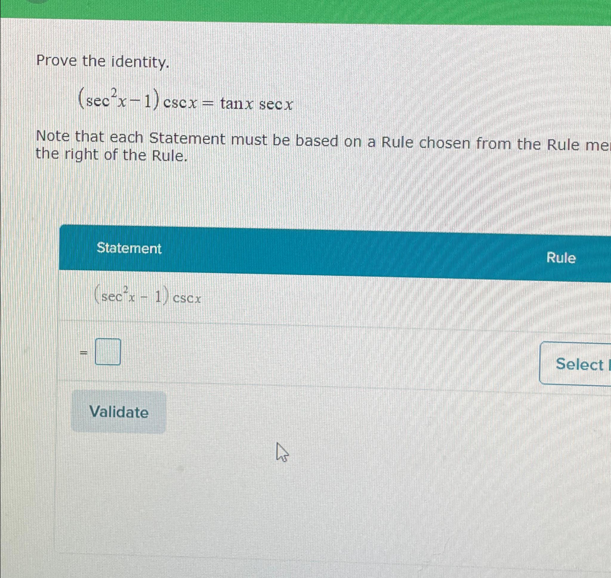 Prove The Identity.(sec2x-1)cscx=tanxsecxNote That | Chegg.com