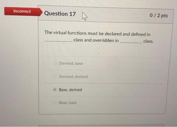 Solved Incorrect Question 17 0/2 pts The virtual functions | Chegg.com