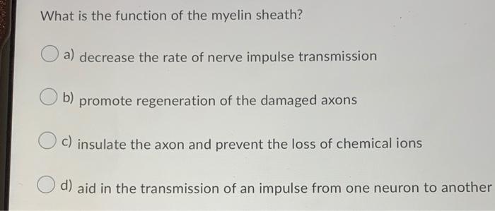 Solved What is the function of the myelin sheath? a) | Chegg.com