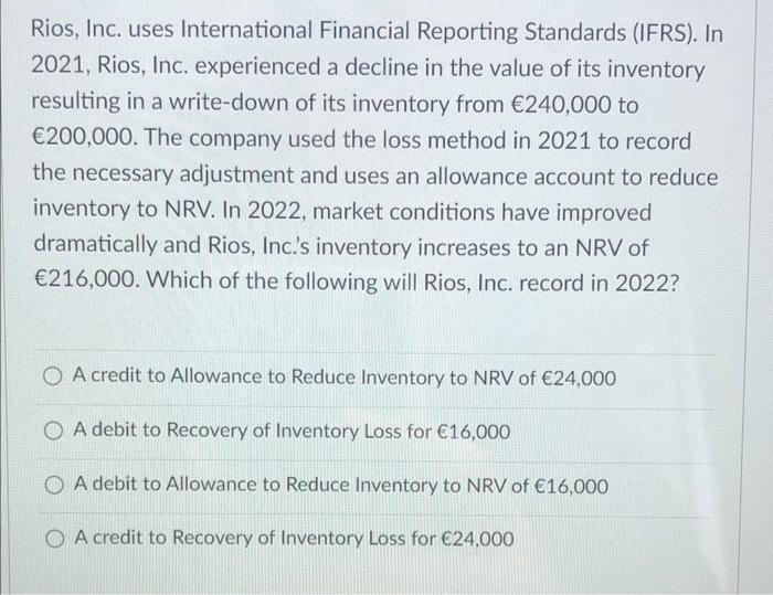 Solved Rios, Inc. uses International Financial Reporting | Chegg.com