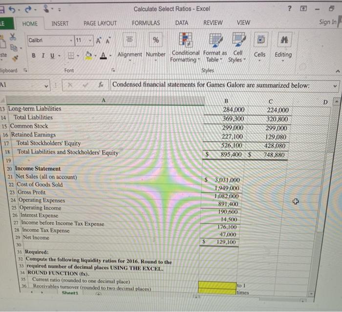 Solved saved Calculate Select Ratios Excel 1 ALE HOME INSERT