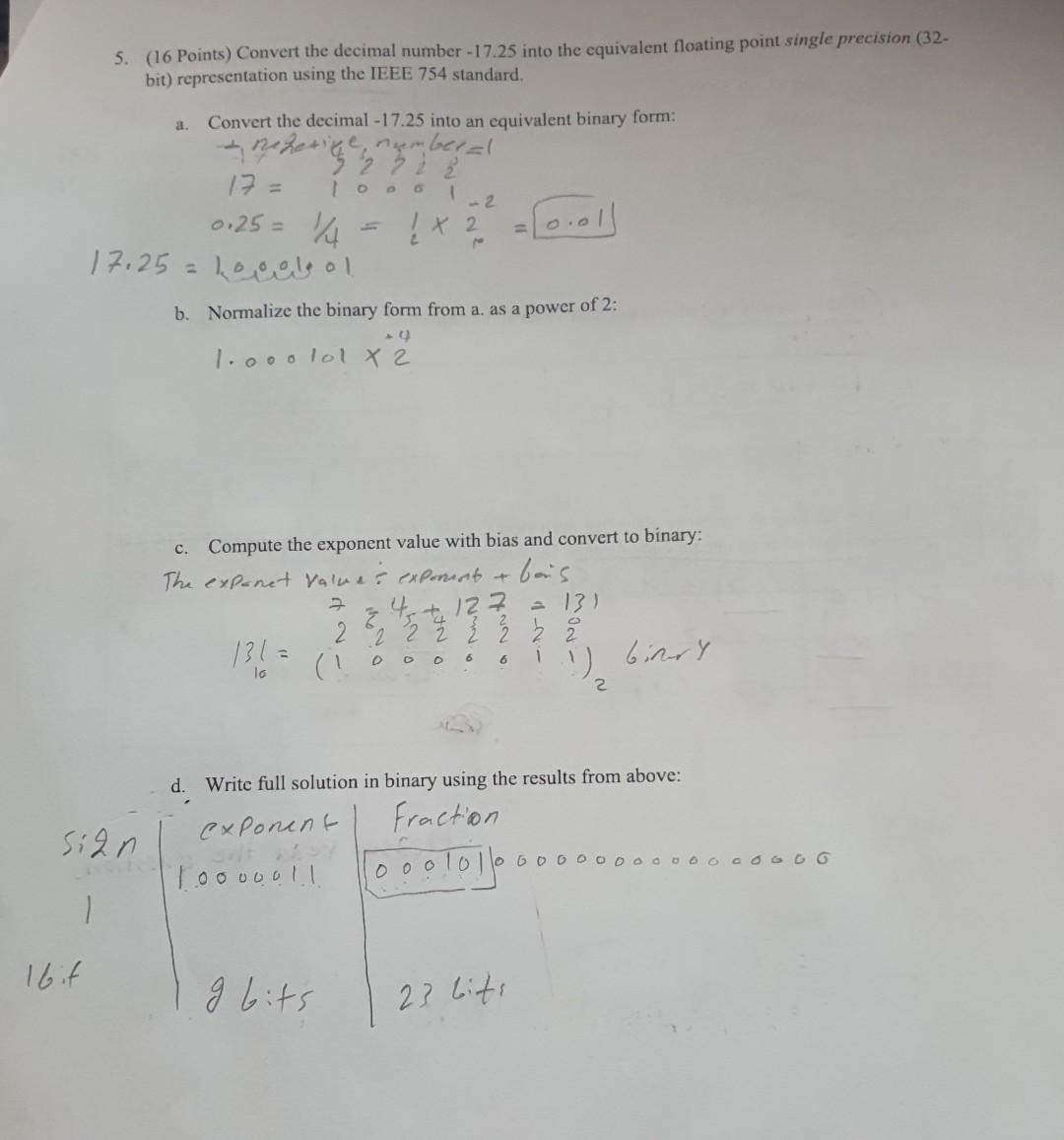 Solved 5. (16 Points) Convert the decimal number -17.25 into | Chegg.com
