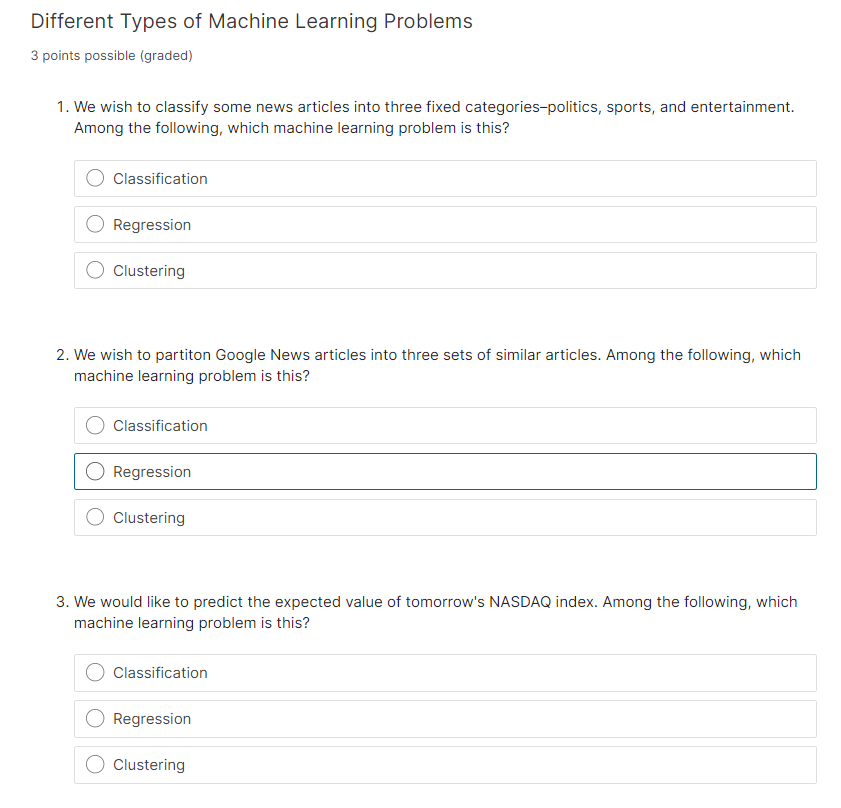 Solved Different Types of Machine Learning Problems3 ﻿points | Chegg.com