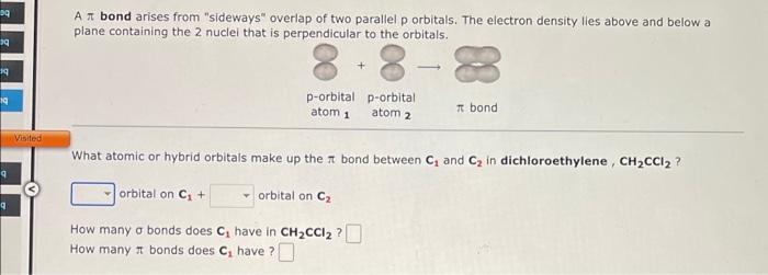 A \( \pi \) bond arises from sideways overlap of two parallel p orbitals. The electron density lies above and below a plane