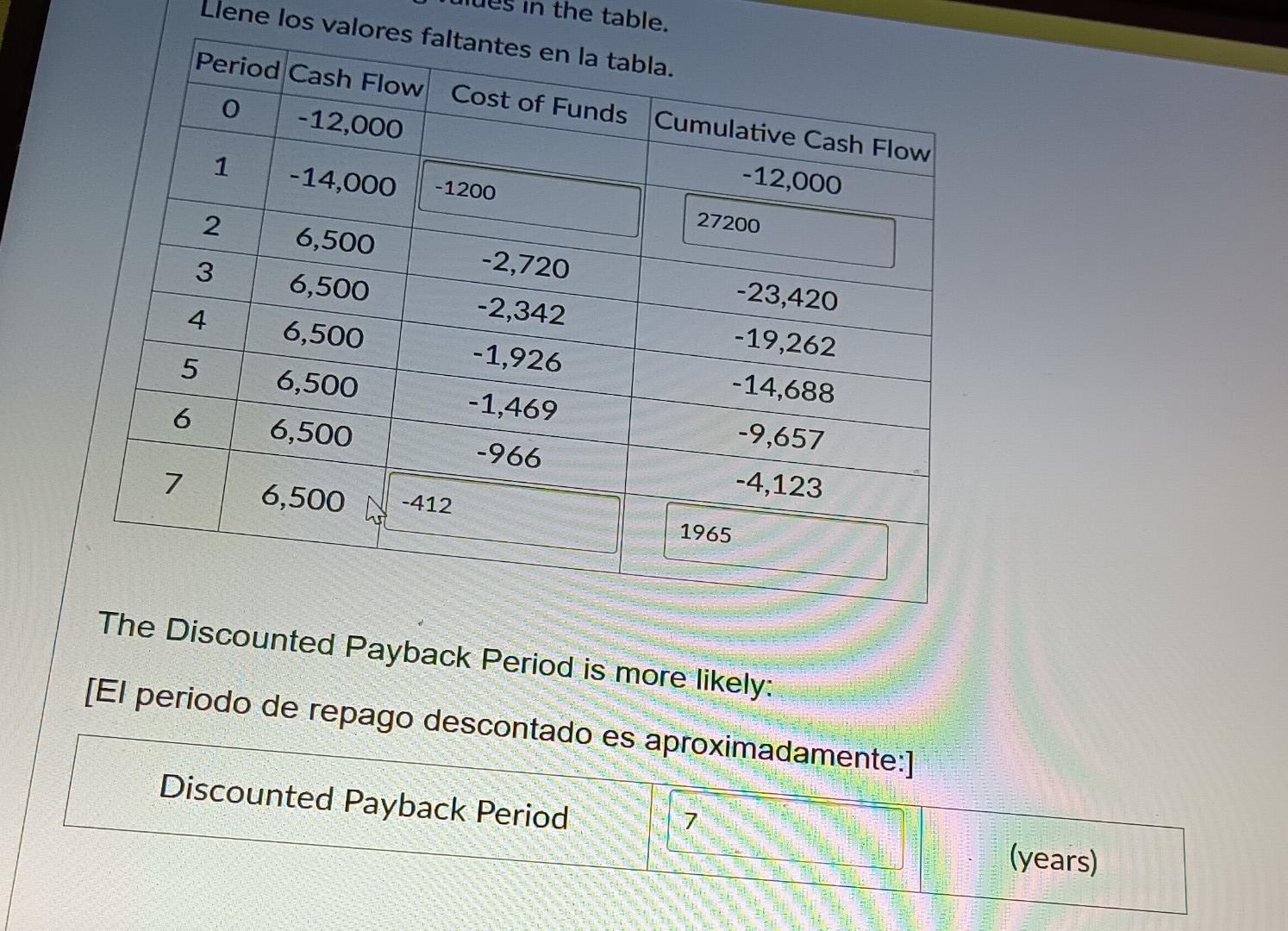 The Discounted Payback Period is more likely: [EI periodo de repago descontado es aproximadamente:]